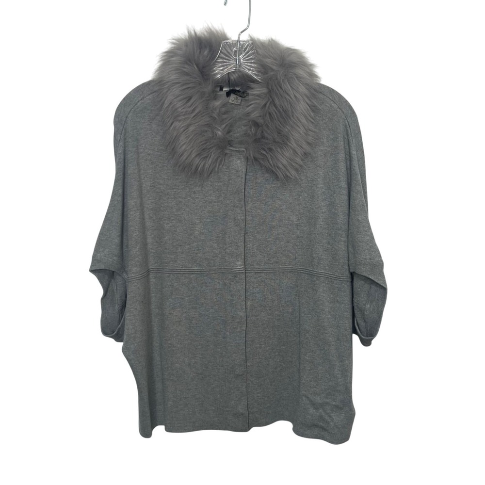 Renuar Knit Cardigan Sweater Womens M/L Gray New Faux Fur Removable Collar